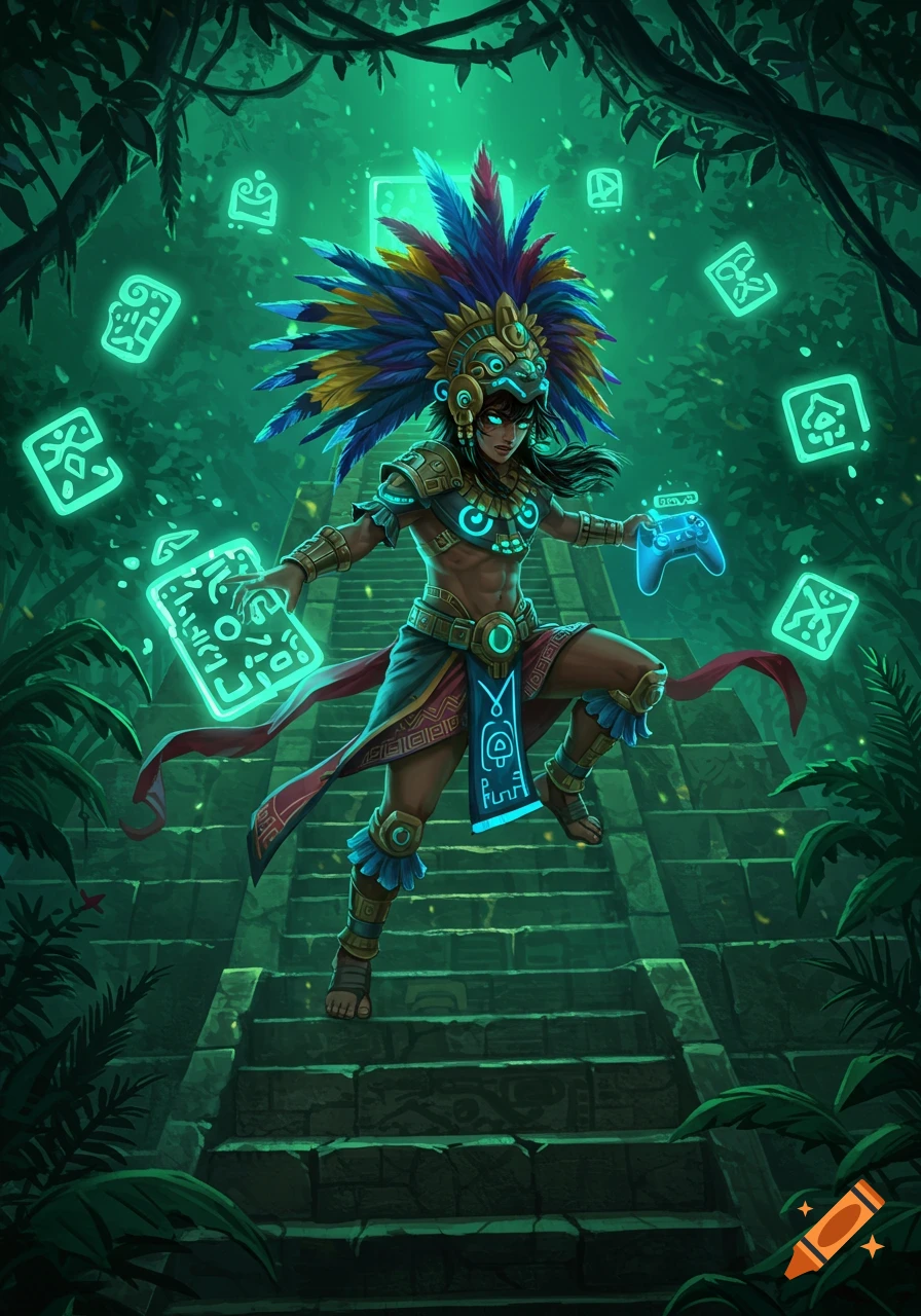 An anime Aztec warrior woman with a feathered headdress holds a glowing blue game controller, surrounded by floating mystical symbols in a dark jungle ruin.