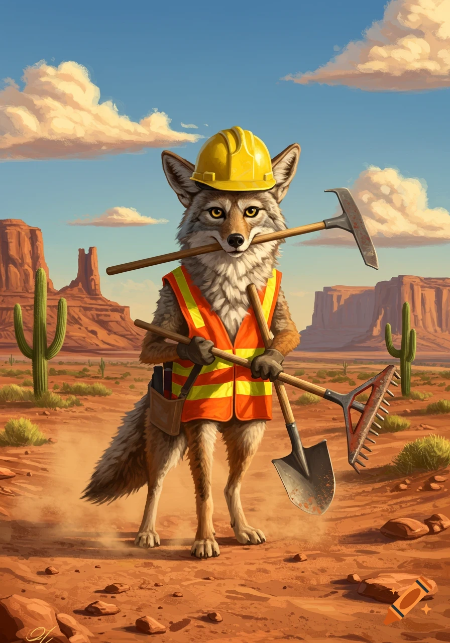 Illustrated cartoon coyote wearing a hard hat and reflective vest, holding construction tools in a desert landscape.