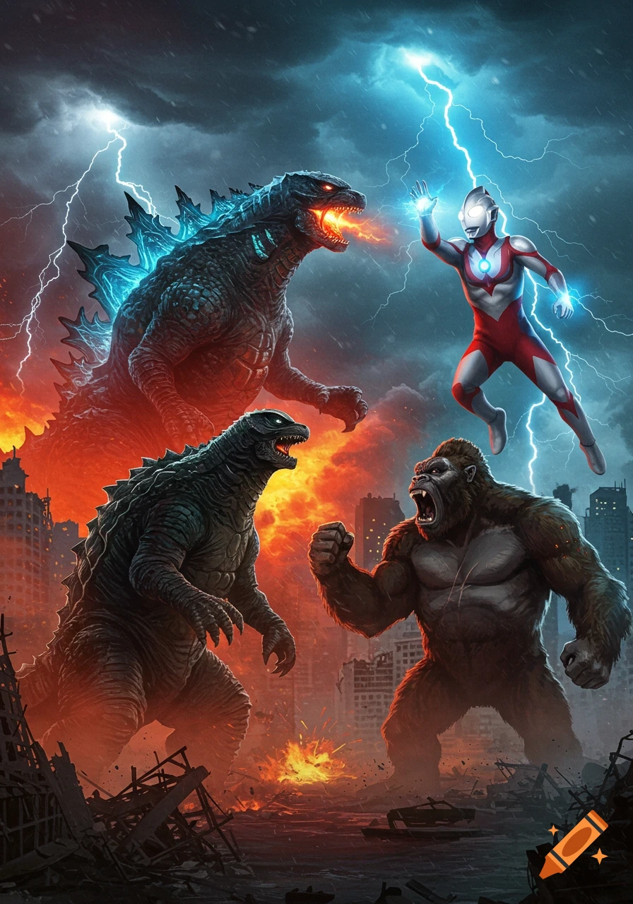 Godzilla, Ultraman, and King Kong battle in a ruined city under lightning-filled skies.