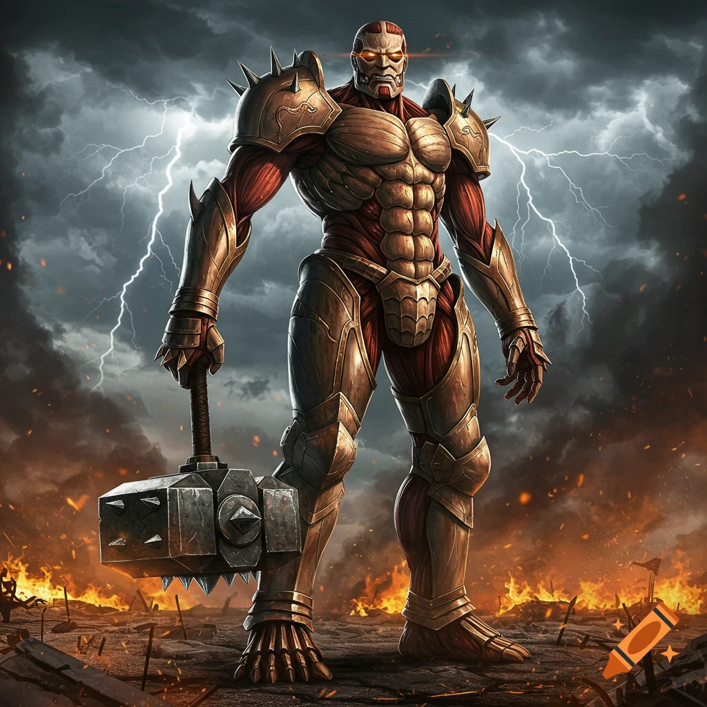 A powerful armored titan with glowing eyes stands amidst a fiery, stormy battlefield, holding a large warhammer.