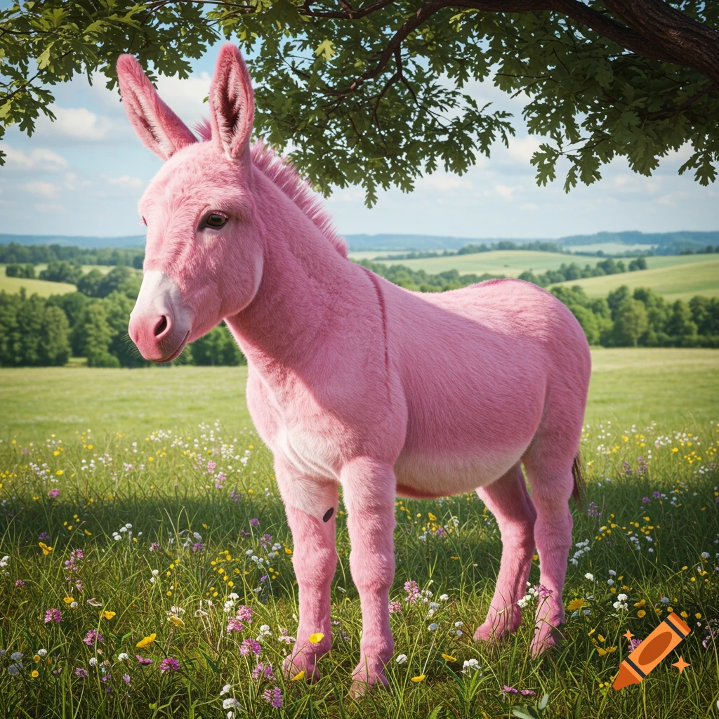 A photorealistic pink donkey stands under a tree in a vibrant green field with wildflowers, under a blue sky.