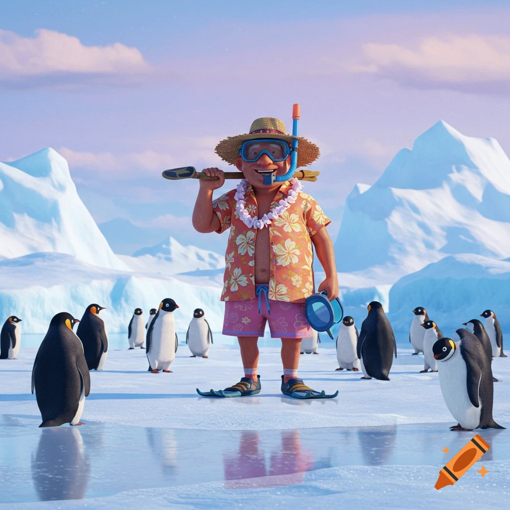 An old man in a straw hat, Hawaiian shirt, and snorkeling gear stands on ice, smiling among penguins, with snowy mountains in the background.