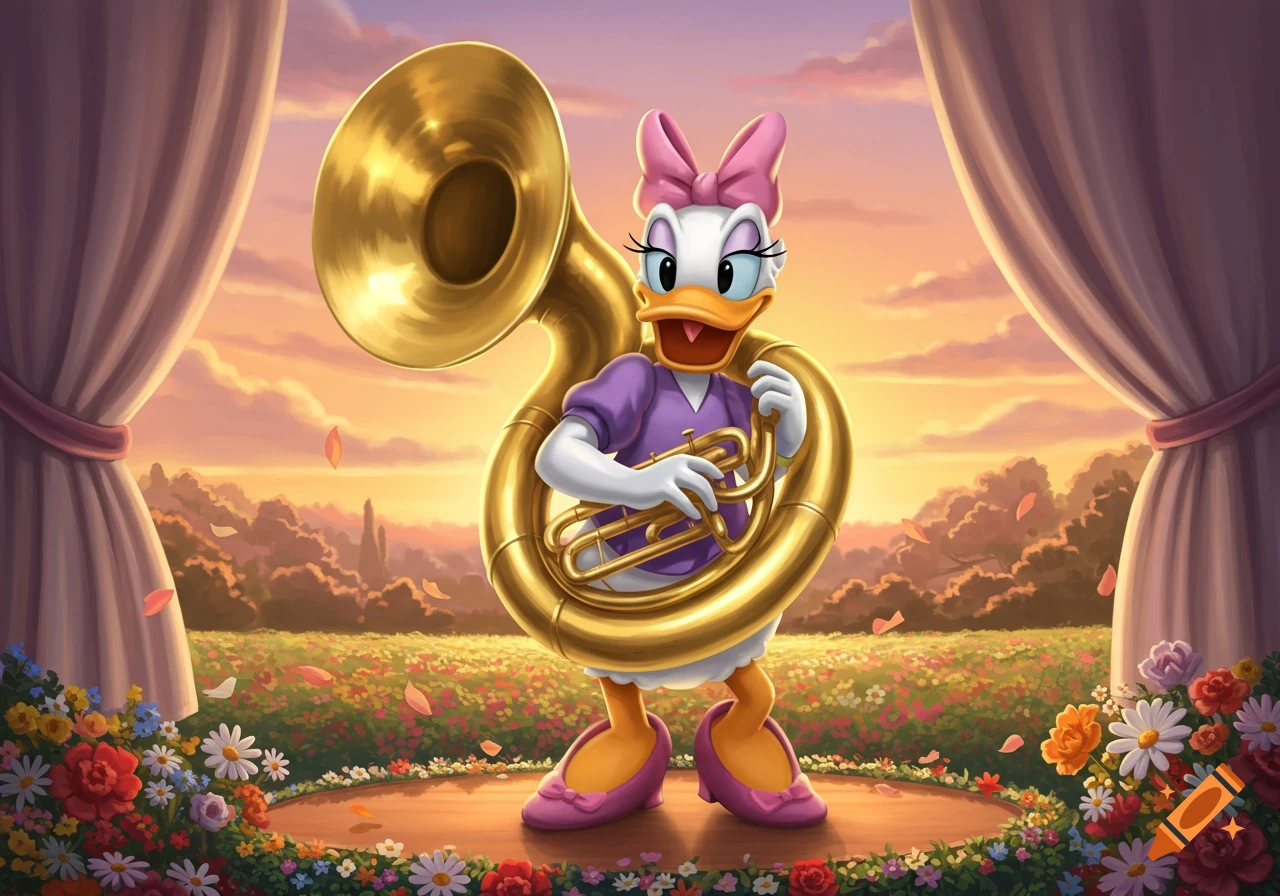 Daisy Duck plays a brass sousaphone on a flower-lined stage at sunset.
