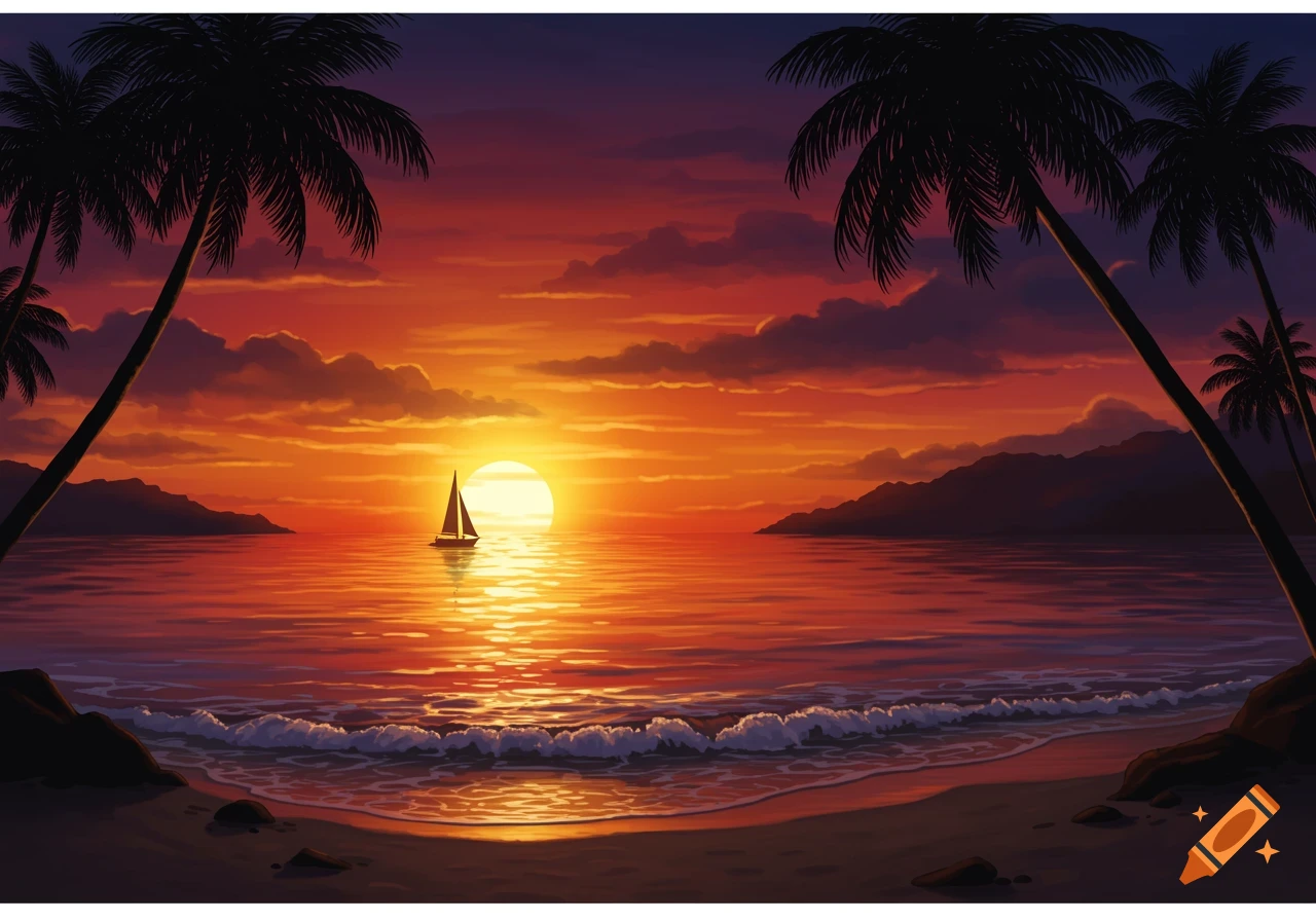 A vibrant digital painting of a tropical beach sunset with silhouetted palm trees, a sailboat on the ocean, and gentle waves.