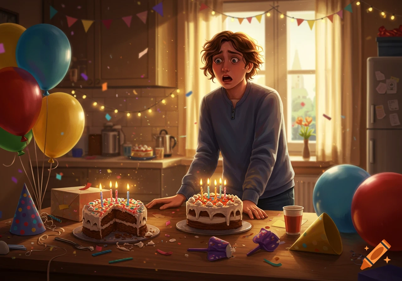 A young person with wide eyes looks shocked at a table with two birthday cakes, candles, and confetti, surrounded by colorful balloons and party decorations in a sunlit kitchen.