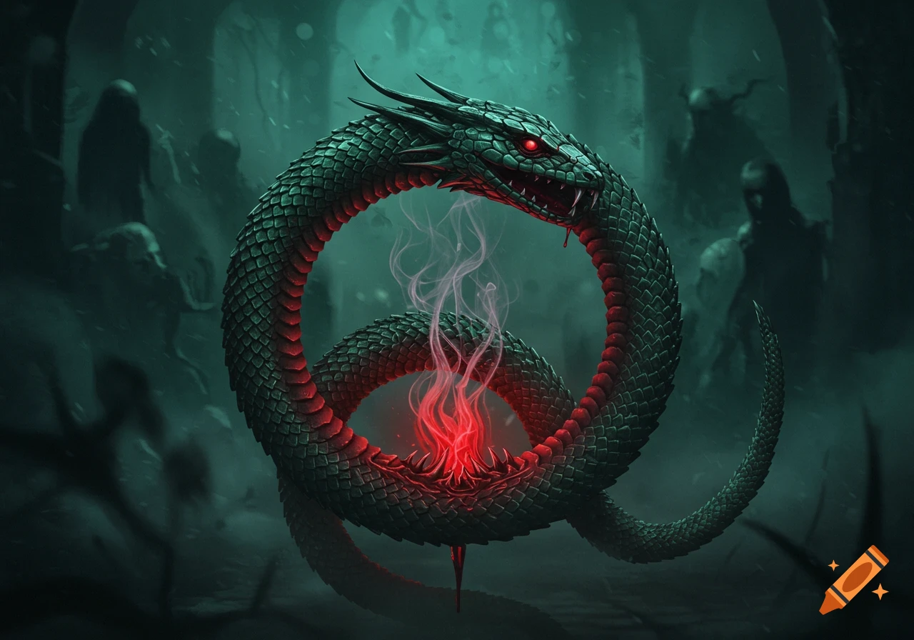 A dark green Ouroboros snake with glowing red eyes forms a circle, with red smoke and light from its tail-bite in a dark, eerie setting.