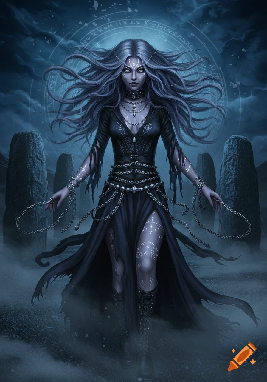 A dark fantasy illustration of a goth-glam woman with long gray hair and glowing runes on her skin, dressed in black, standing amidst standing stones under a moonlit sky.