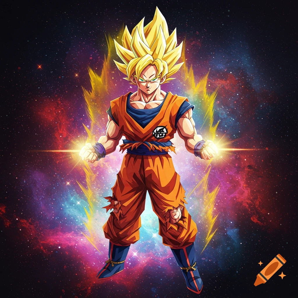 Goku in Super Saiyan form glowing with yellow energy, standing against a vibrant cosmic background.