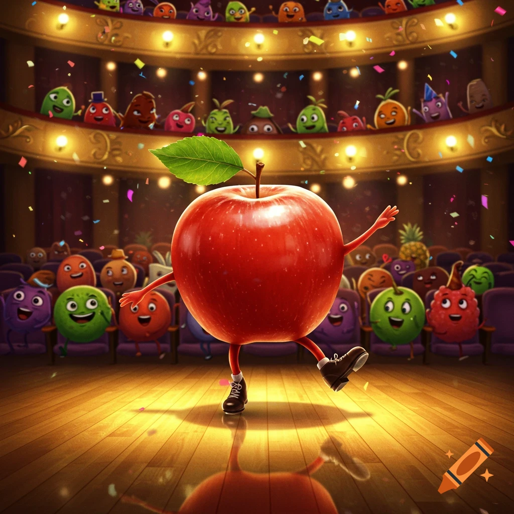 A happy red apple with arms and legs tap dancing on a wooden stage in a grand theater, while an audience of cartoon fruits and vegetables watches from the seats and balconies.