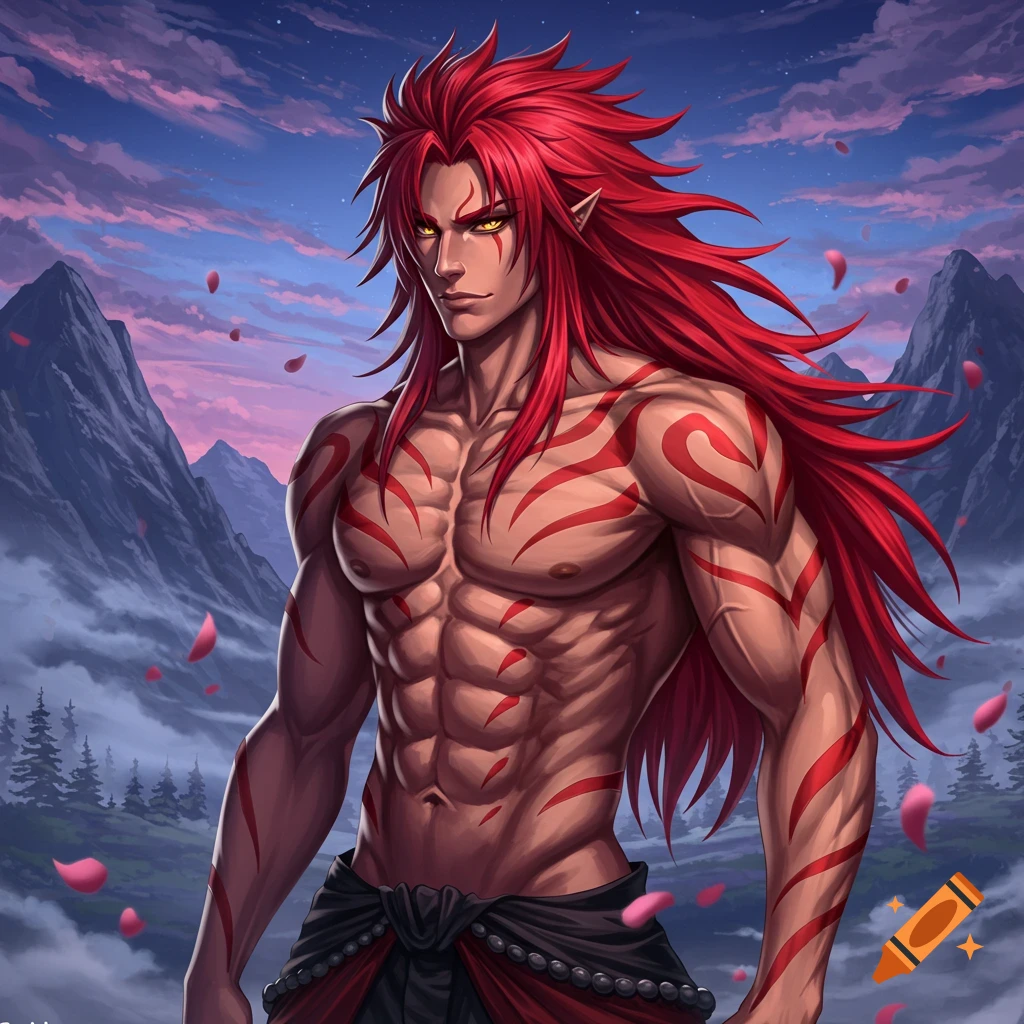 A muscular man with long red hair, golden eyes, and red tribal markings on his torso, standing in a fantastical mountain landscape with falling pink petals, in an anime style.
