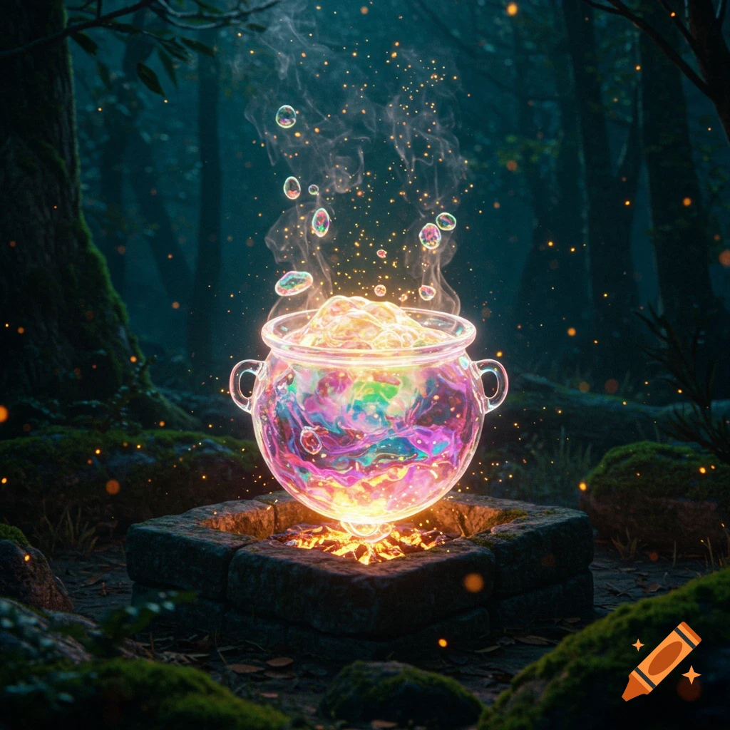 A glowing, iridescent cauldron boils with colorful magic and smoke in a dark, mystical forest.