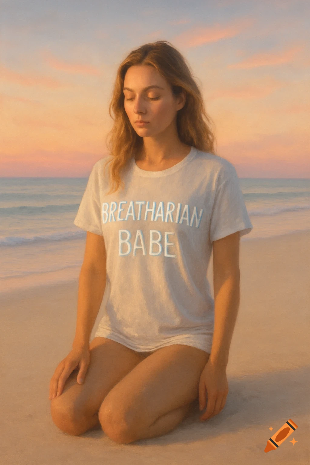 A woman with eyes closed kneels on a sandy beach at sunset, wearing a white t-shirt that says 'BREATHARIAN BABE'.