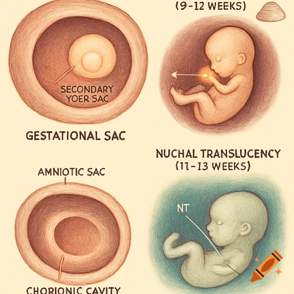 Four hand-drawn diagrams illustrating stages of fetal development with labeled anatomical structures and gestational ages.