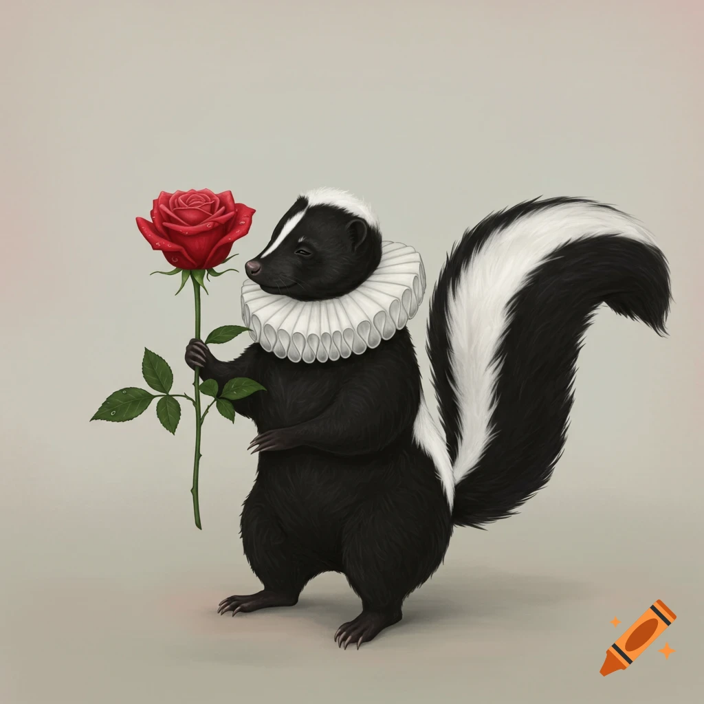 A charming illustration of a skunk wearing a white Shakespearean ruffled collar, holding a single red rose, on a light background.