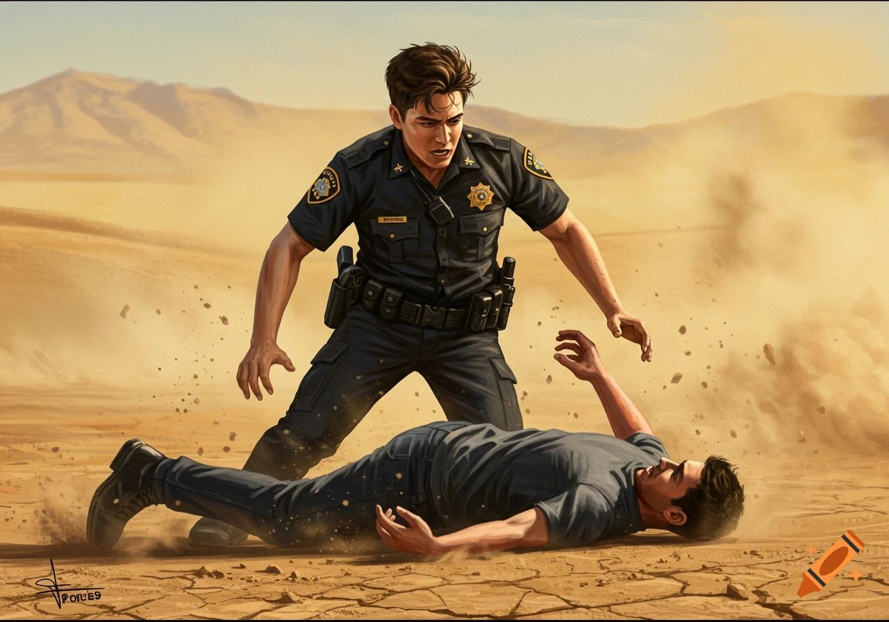 An angry police officer in a dark blue uniform stands over a man lying on the ground in a vast, sandy desert landscape, with dust rising around them.