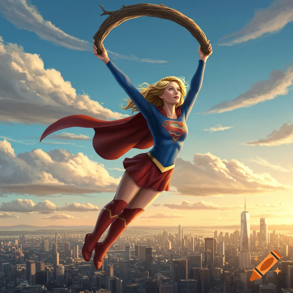 Supergirl flies high above a city at sunset, holding a large, curved tree branch with elongated arms. Golden light bathes the clouds and skyscrapers.