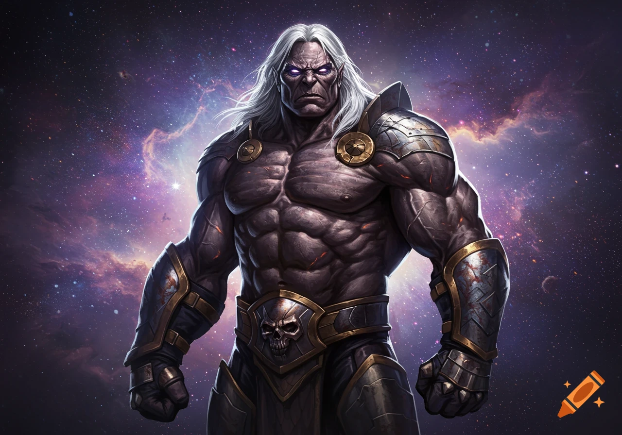 A powerful, muscular, grey-skinned alien character with long white hair and glowing purple eyes stands in ornate armor against a galaxy background.