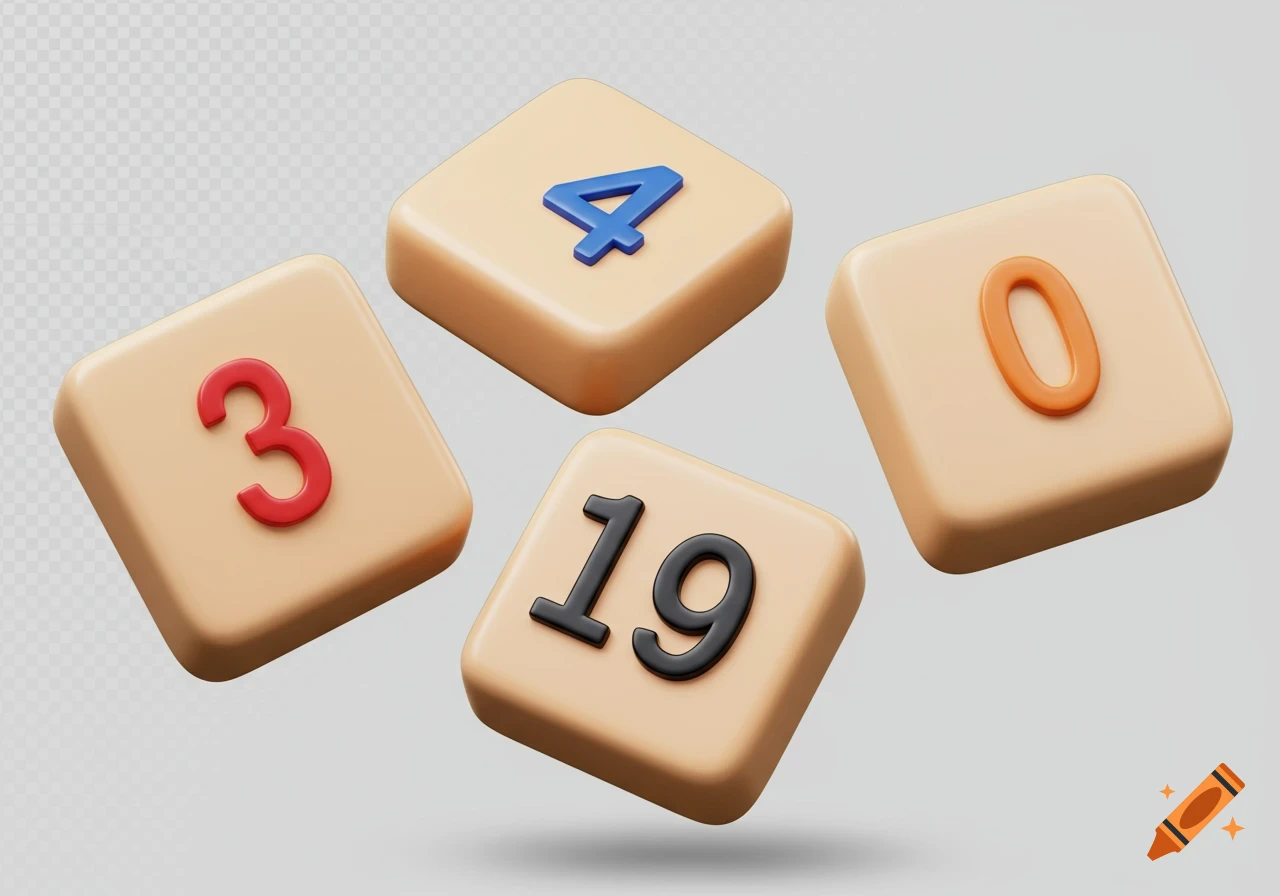 Four 3D rendered number tiles featuring the numbers 3, 4, 19, and 0, floating against a transparent background.