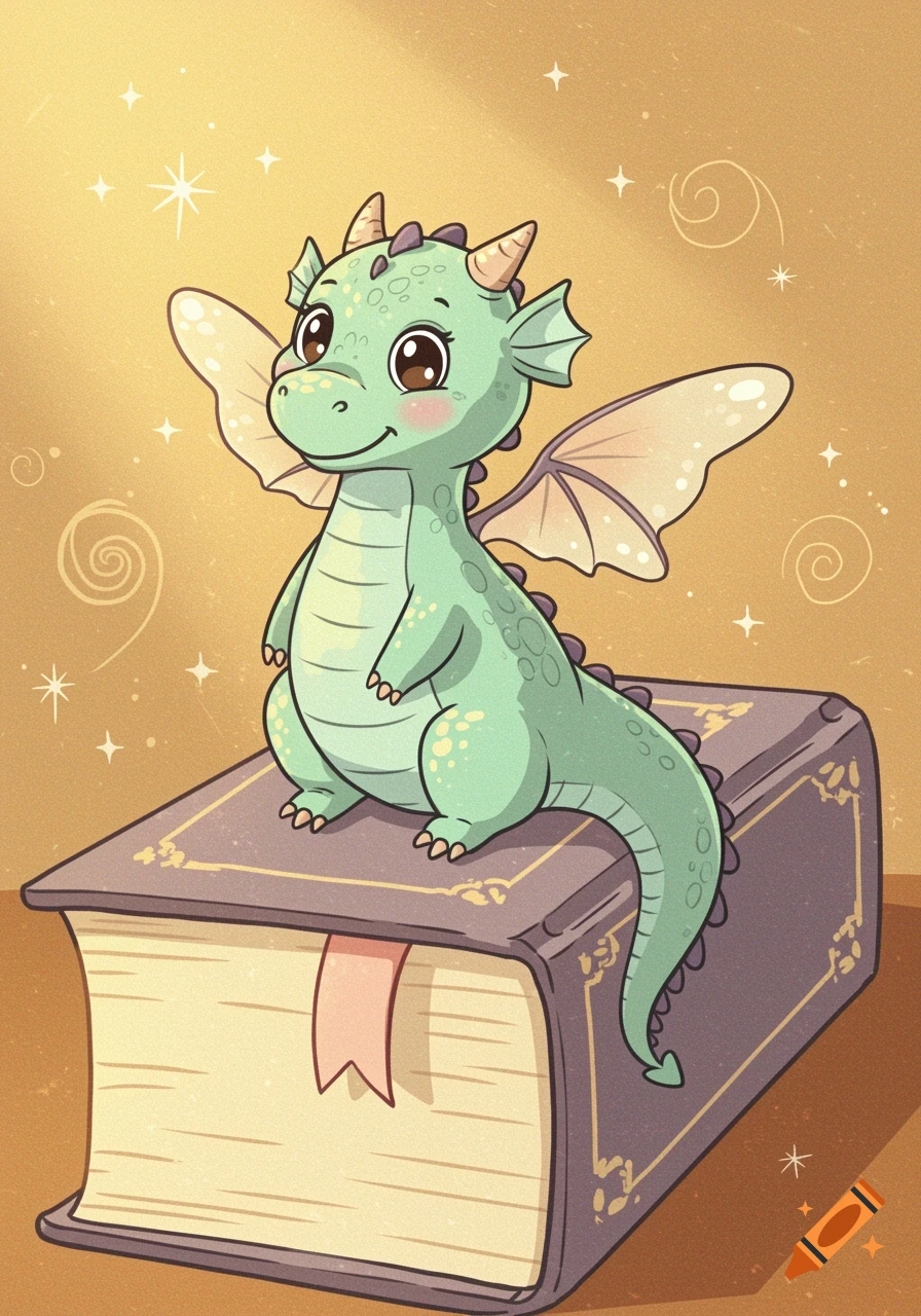 A cute, green cartoon baby dragon with large eyes and small wings sits atop a large, ornately decorated purple book.
