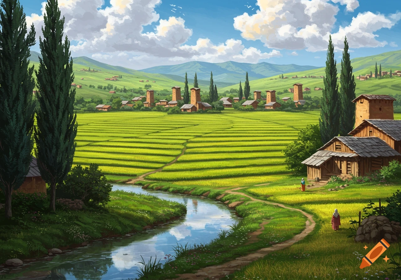 Stylized illustration of a vibrant green valley with a winding river, terraced fields, and a village featuring distinctive tower buildings.
