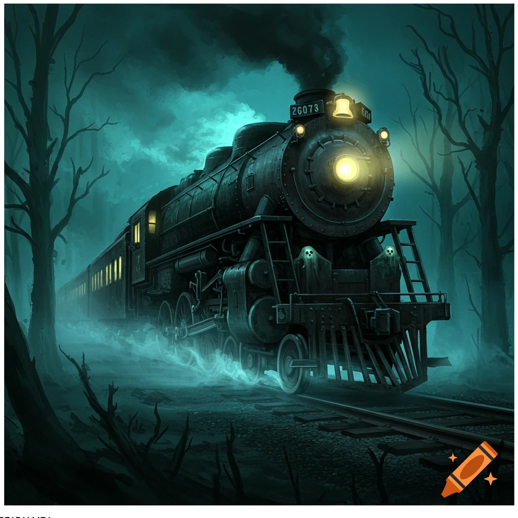 A dark, spooky steam train with glowing headlights and ghostly figures on the front, traveling through a misty, barren forest at night. Stylized illustration.