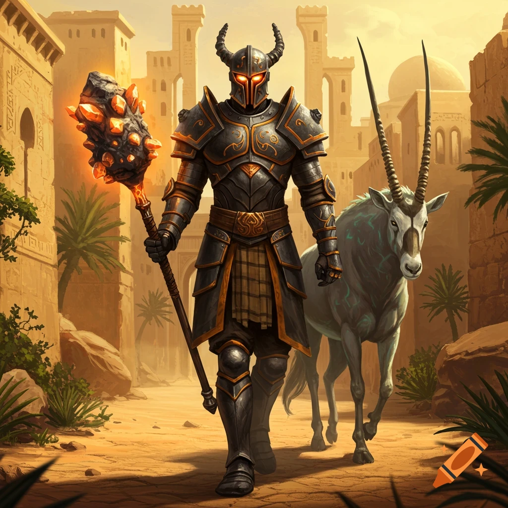 An armored fantasy knight with glowing eyes, wielding a mace, walks through a desert city alongside a mythical oryx.