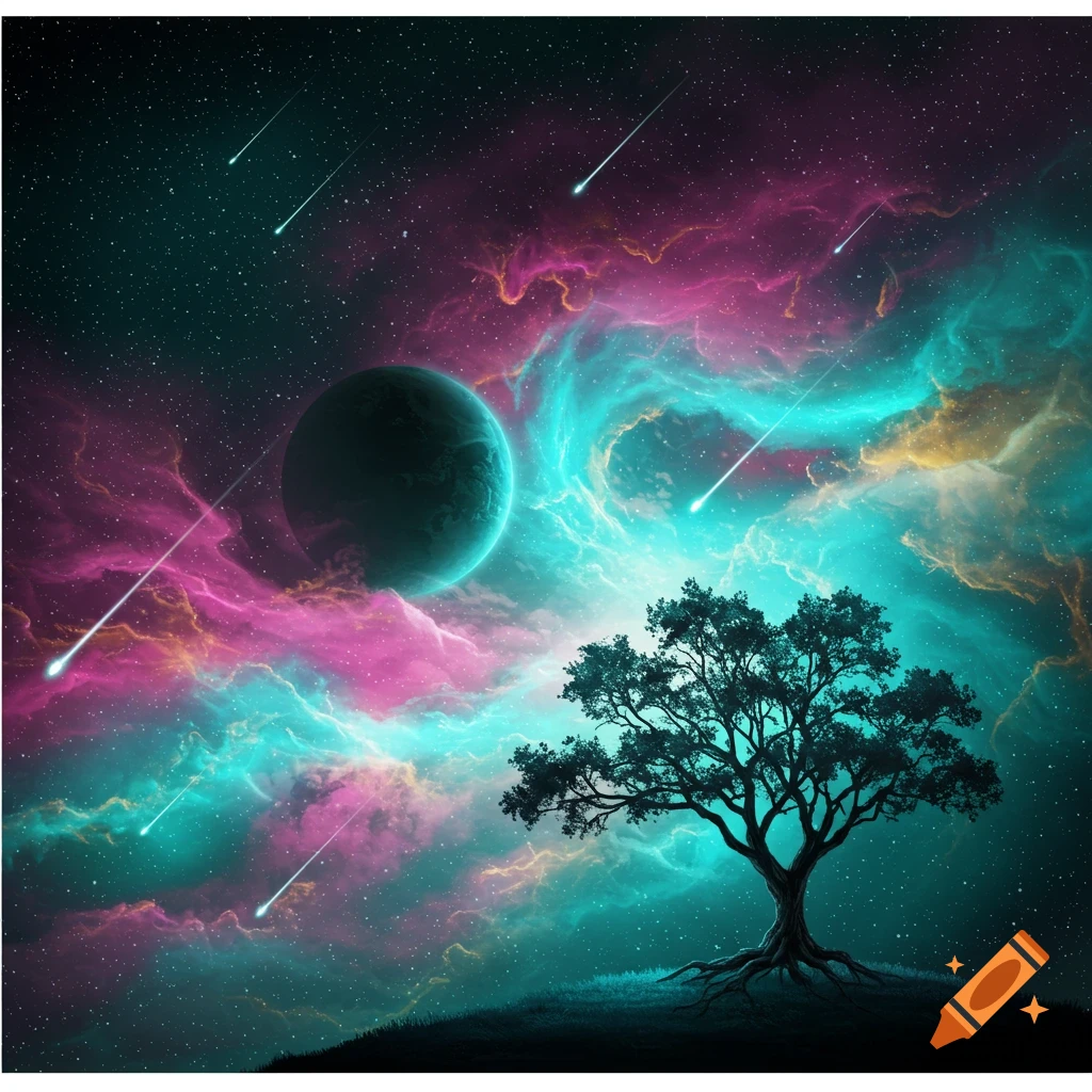 A vibrant cosmic landscape featuring a silhouetted tree on a hill, a large planet, shooting stars, and colorful pink and turquoise nebulas.