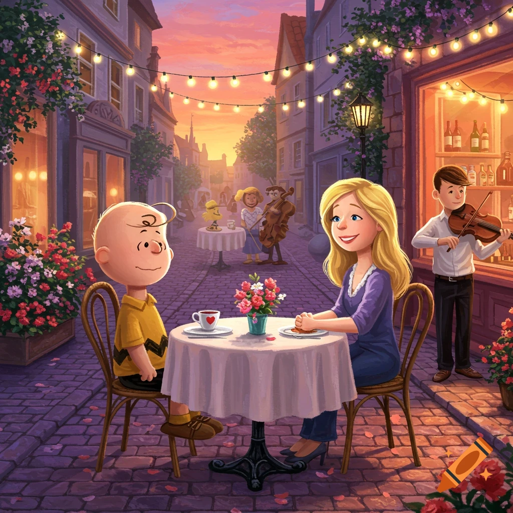 Charlie Brown on a romantic date with a blonde woman at an outdoor cafe, with string lights and musicians on a charming street at sunset.