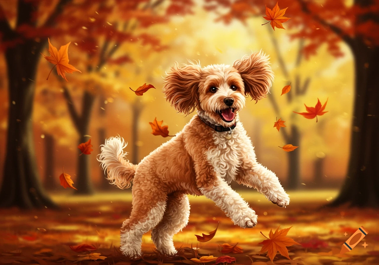 A fluffy brown and white spoodle dog jumps in a vibrant autumn forest with falling orange leaves.