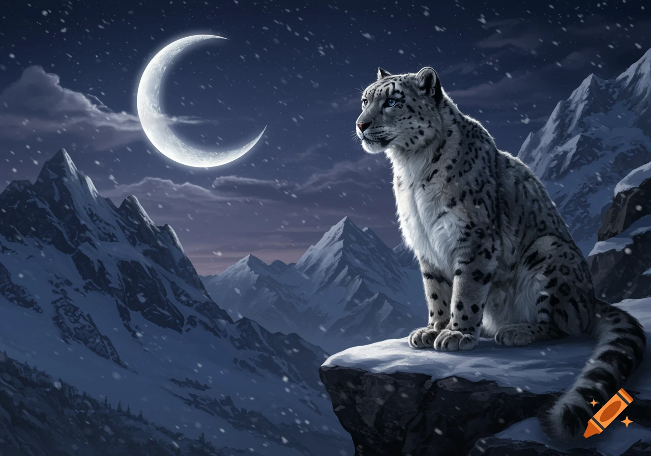 A majestic snow leopard with blue eyes sits on a snowy cliff overlooking a mountain range under a crescent moon as snow falls at night.