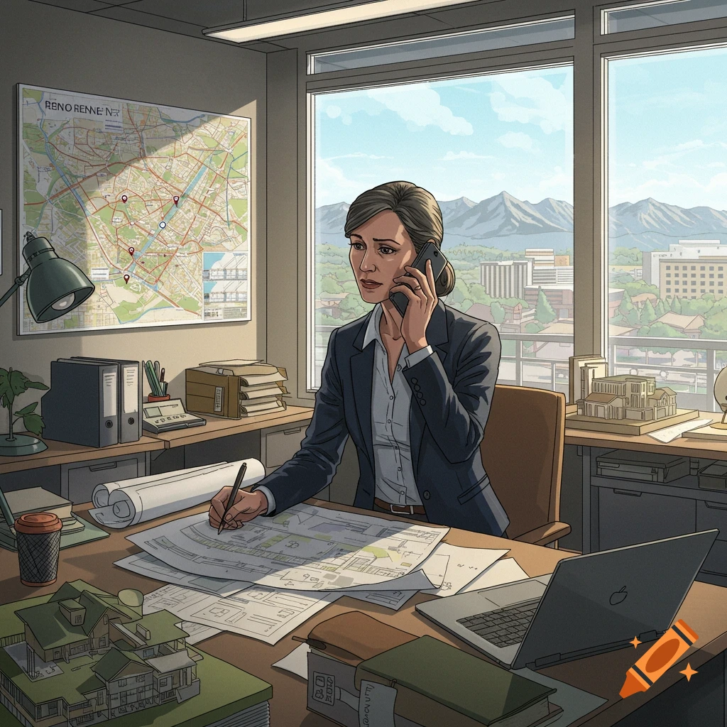 A female realtor in an office, on the phone while working on blueprints with architectural models on her desk, overlooking a city and mountains.