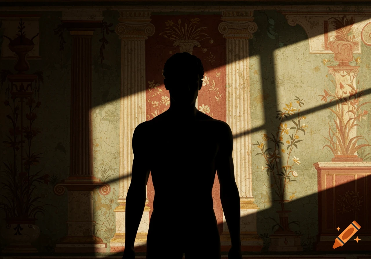 Silhouette of a man against an ancient Pompeii-style wall painting, with sunlight casting sharp shadows.