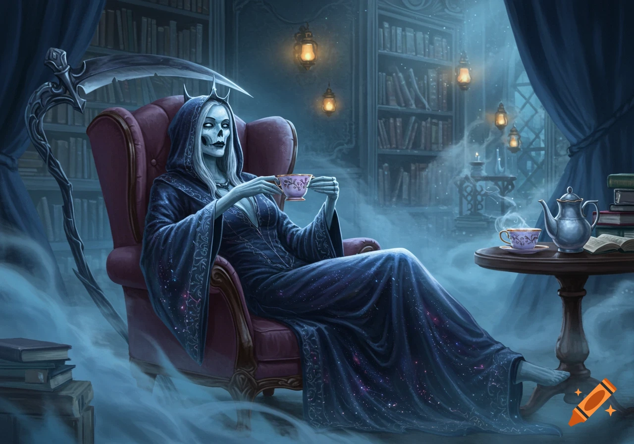 A stylized grim reaper, depicted as a female skeleton with long white hair and a crown, sits in a red armchair in a dim, misty library, holding a teacup.