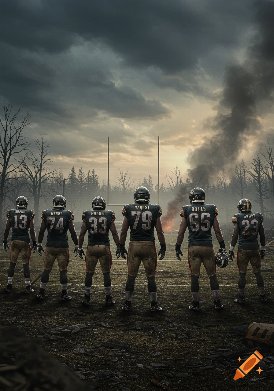 Six football players stand on a desolate field with goalposts, facing away from the viewer towards a dark sky and smoky horizon.