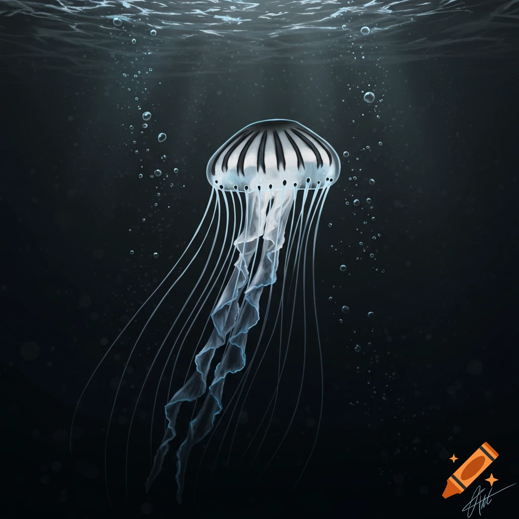 A glowing black, white, and blue jellyfish with long, flowing tentacles floats in the dark ocean, illuminated by surface light and surrounded by bubbles.