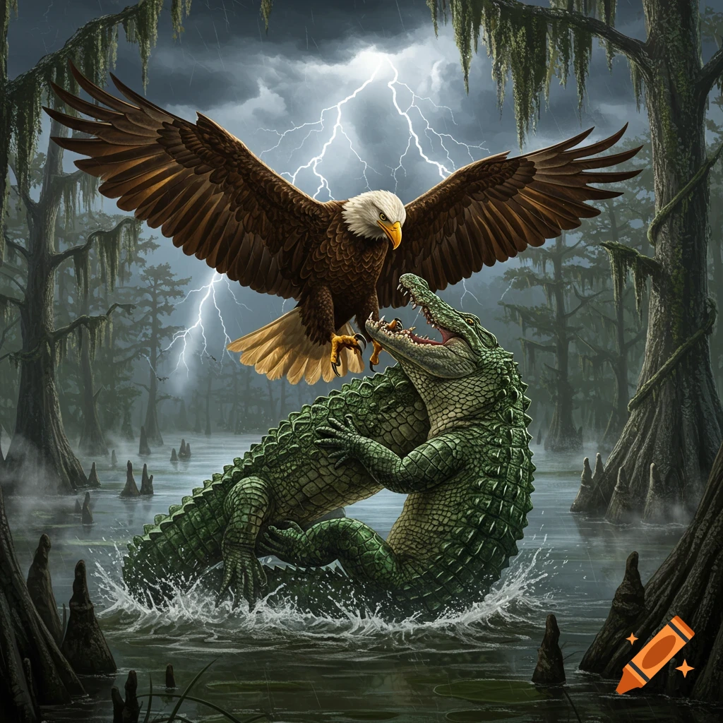 A powerful eagle with wings spread attacks an alligator in a swamp during a lightning storm. Stylized illustration.