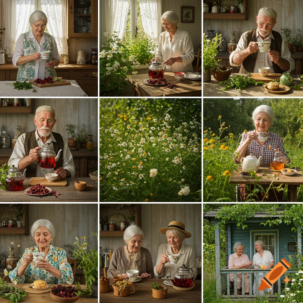 Nine photorealistic panels show elderly grandparents enjoying herbal tea in a cozy kitchen, garden, and on a porch.