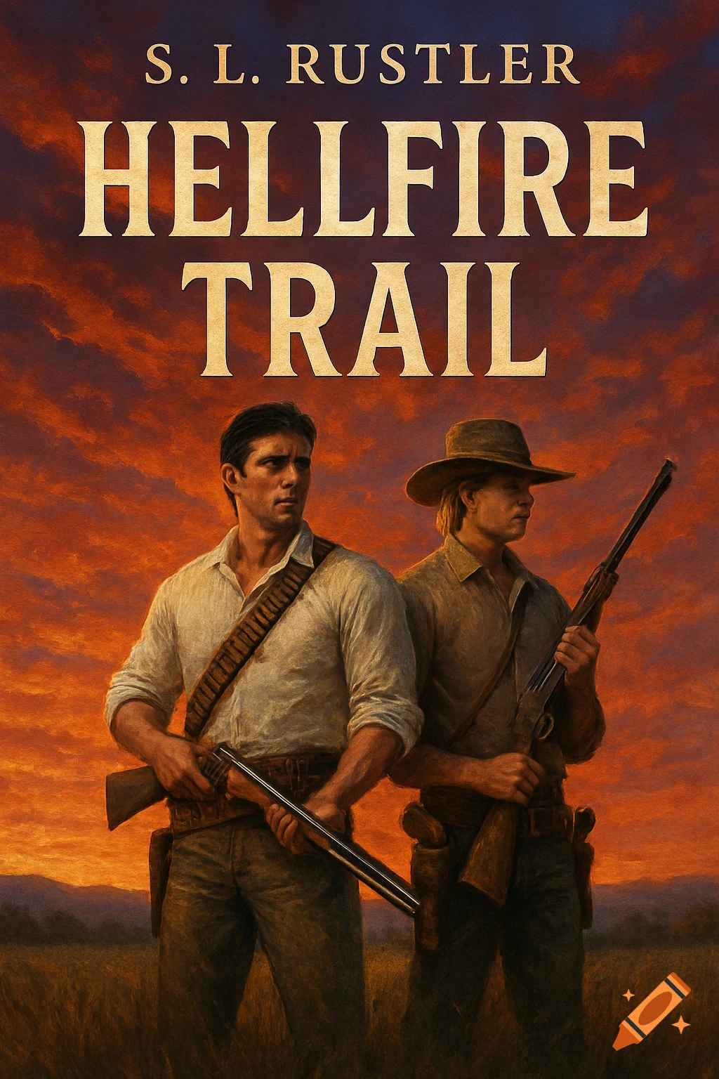 A book cover for 'Hellfire Trail' featuring two men in western attire holding guns against an orange sunset. One man has dark hair and holds a shotgun, the other has blonde hair under a hat and holds a rifle.