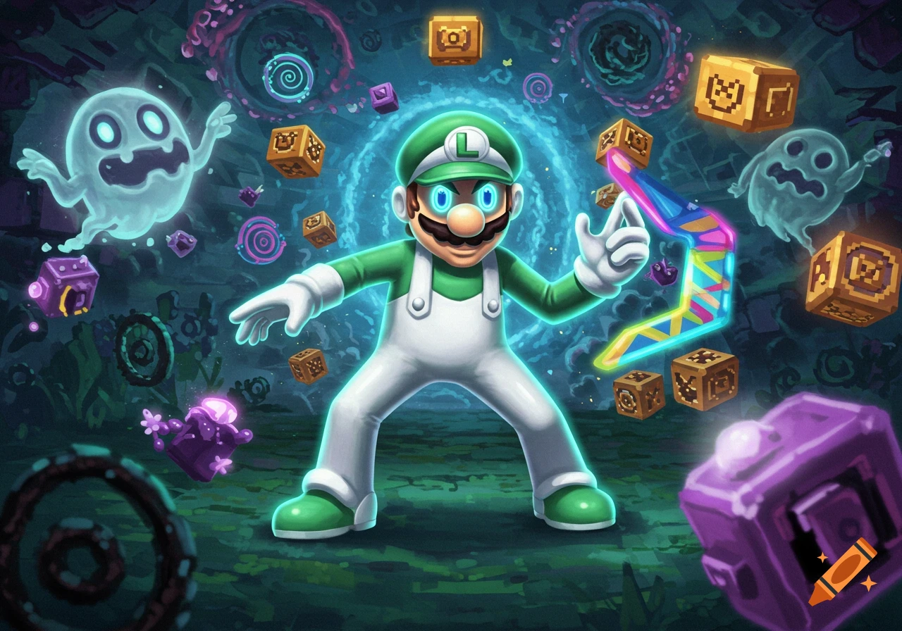 Luigi in green cap and white overalls, surrounded by glowing blue energy, ghosts, and floating blocks in a dark, stylized fantasy setting.