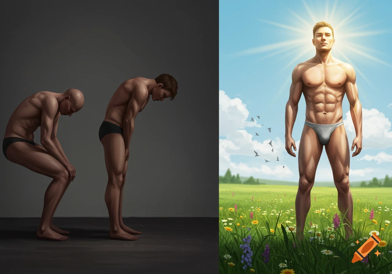 An illustration comparing unhealthy and healthy male figures. On the left, two slumped men. On the right, a strong man stands in a sunny field.