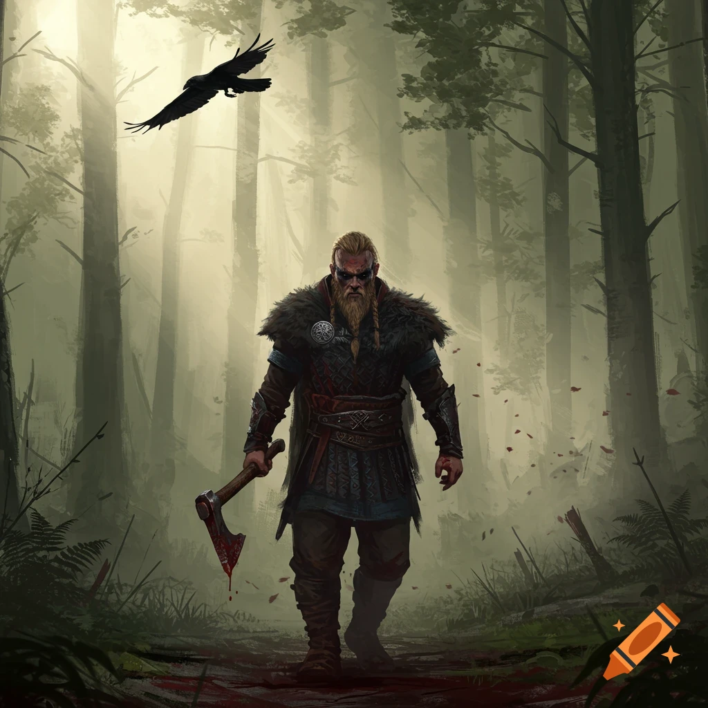 A formidable Viking warrior with a blood-stained axe walks through a misty forest as a raven flies overhead.