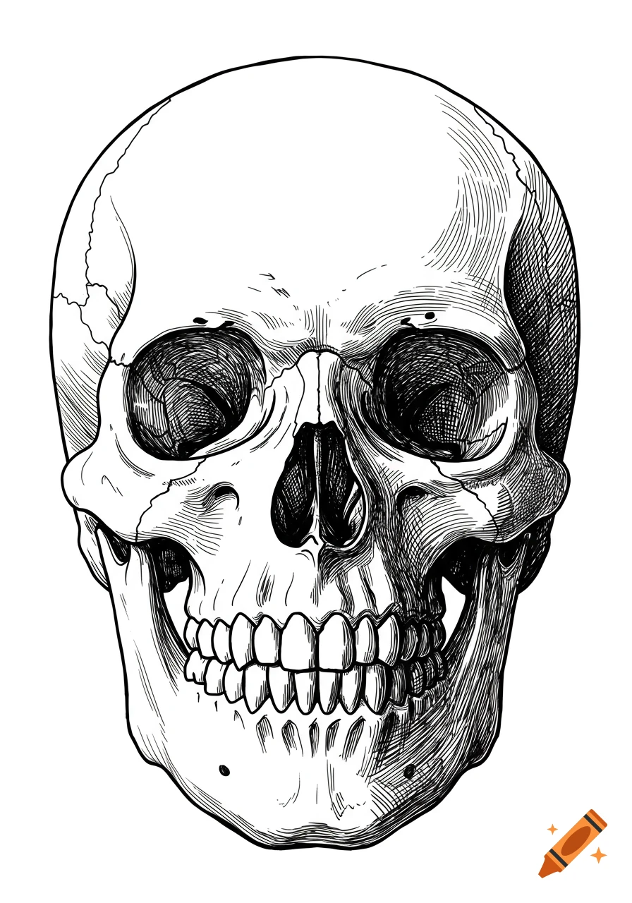 Black and white line art drawing of a human skull facing forward.