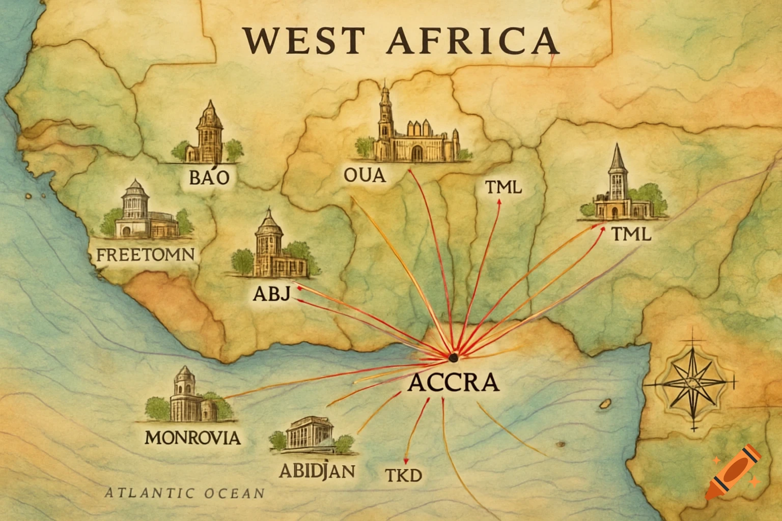 A stylized, vintage-looking map of West Africa, with a central red dot at Accra. Red and orange lines radiate from Accra to various cities, each marked with a small building illustration and a city name or abbreviation. The Atlantic Ocean is visible along the coast.