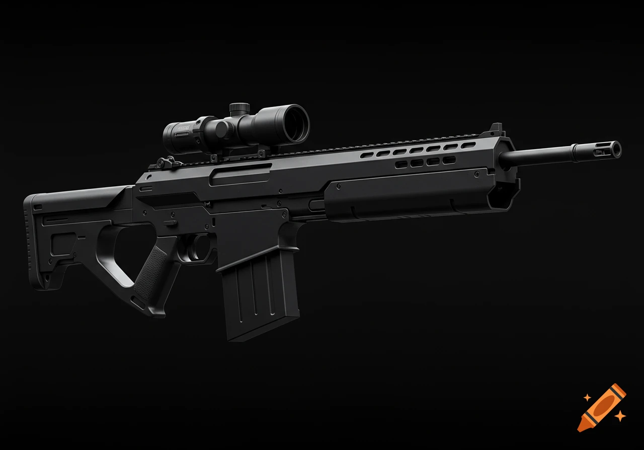 A sleek black assault rifle with a scope mounted on top, isolated against a dark black background.