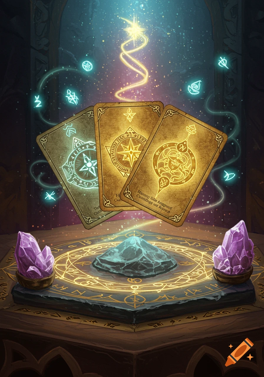 A magical fantasy scene with glowing tarot-like cards, crystals, and runes on a stone altar under a starry sky.