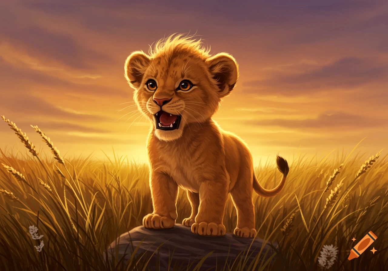 A cute lion cub stands on a rock in a golden savanna at sunset, mouth open as if roaring.