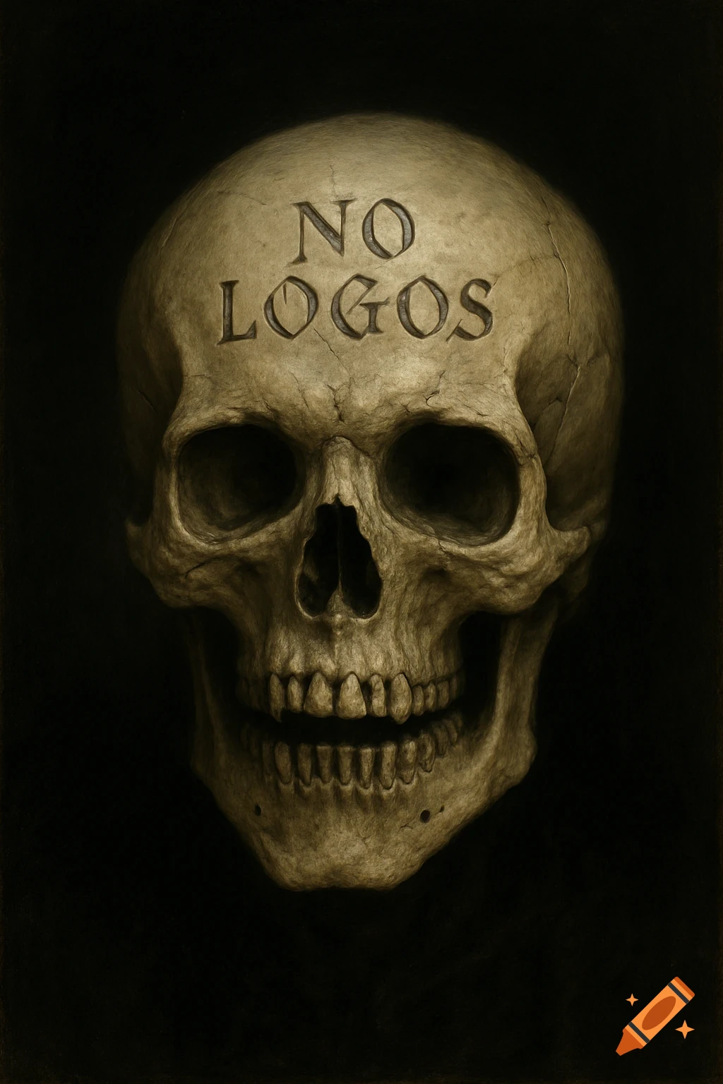 A detailed depiction of a skull with the words "NO LOGOS" carved into its forehead, set against a dark background.