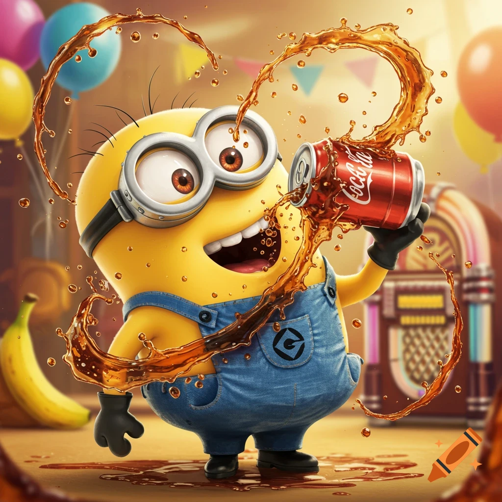 A cheerful yellow Minion in overalls spills brown soda from a red can while laughing, in a 3D cartoon style party scene.