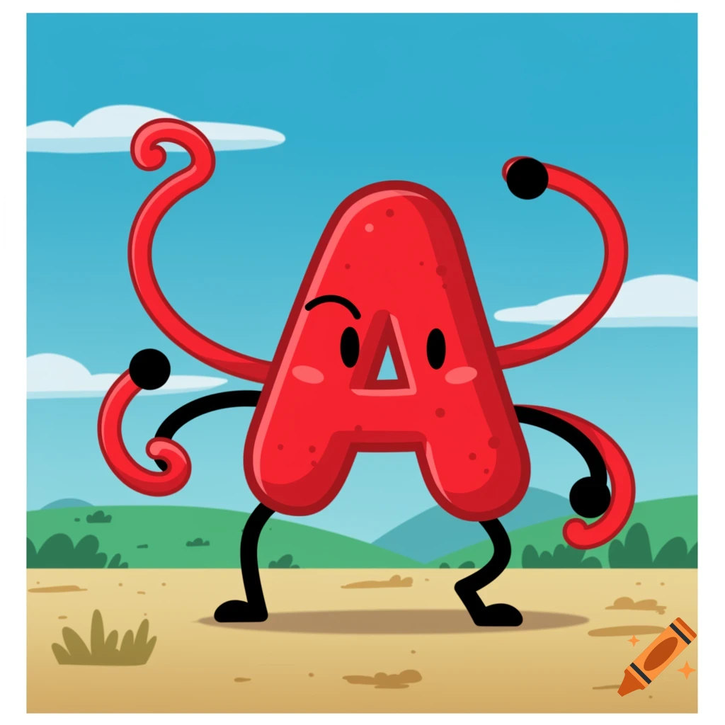 A red cartoon letter A character with wavy limbs standing in a landscape under a blue sky.