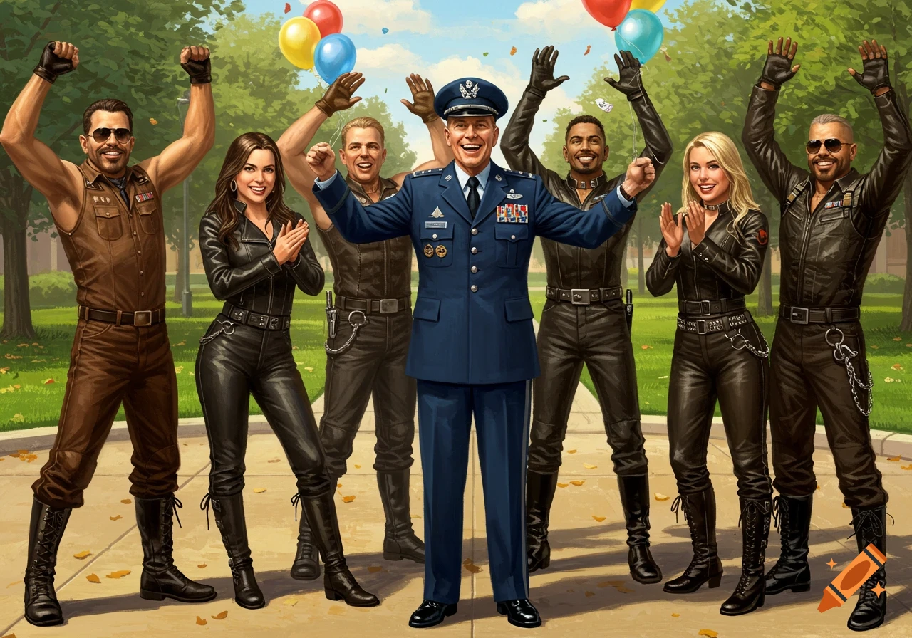 A group of people in leather outfits cheer enthusiastically for an Air Force Senior Master Sergeant outdoors, with balloons in the background.